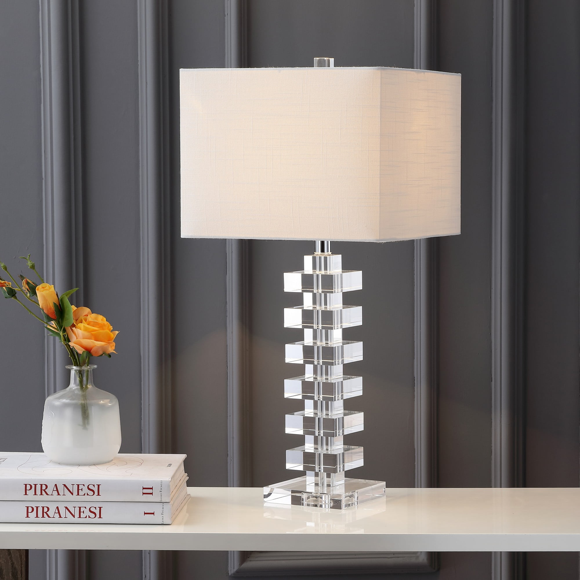 28" Clear Crystal Table Lamp with White Drum Shade