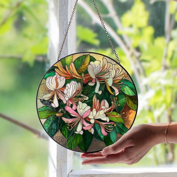 June Birth Flower Honeysuckle Stained Glass Suncatcher, Handmade Floral Window Hanging, Birthday Gift, Custom Botanical Glass Art Gift Idea