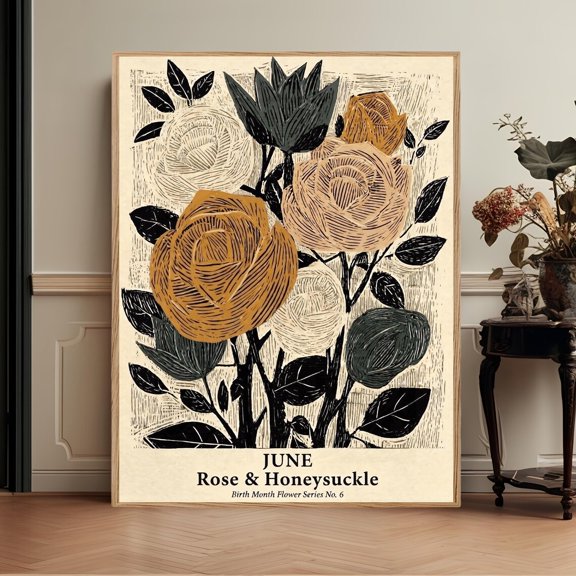 June Birth Flower Rose Cottagecore Neutral Floral Wall Art Poster