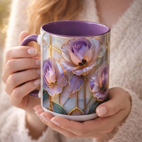June Birth Flower Rose Mug Stained Glass Floral Coffee Cup 1