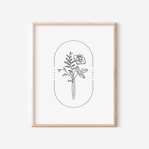 June Birth Flower Rose, Simple Line Art, Unframed Paper Poster 8x10in