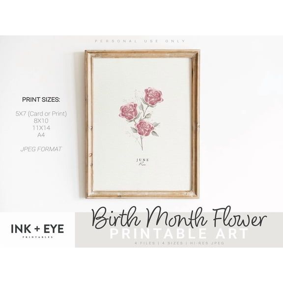 June Birth Month Flower, Rose Botanical Wall Art, Unframed Paper Poster 8x10in