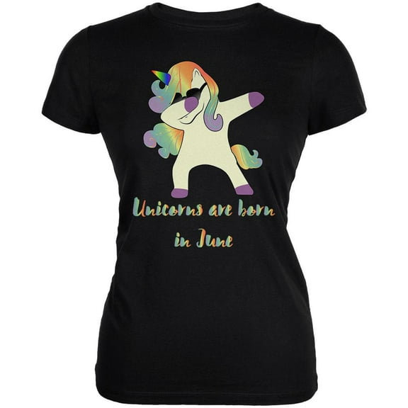 June Birthday Dabbing Unicorn Sunglasses Juniors Soft T Shirt Black MD