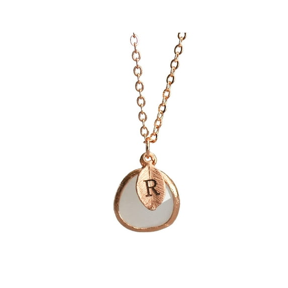 June Birthstone Necklace, Birthday Necklace, Personalized Necklace, Bridesmaid Necklace, Initial Necklace, Moonstone, Pearl Pendant - 18" Silver Plated - Leaf Initial M