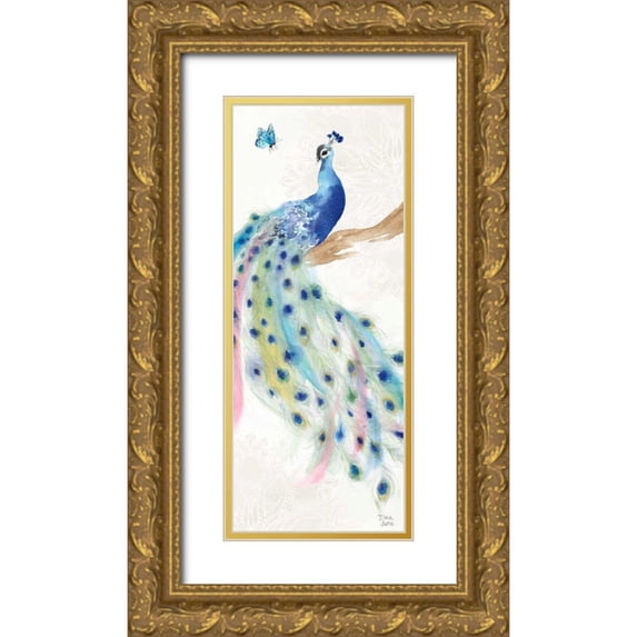 June, Dina 15x32 Gold Ornate Wood Framed with Double Matting Museum Art Print Titled - Peacock Glory II