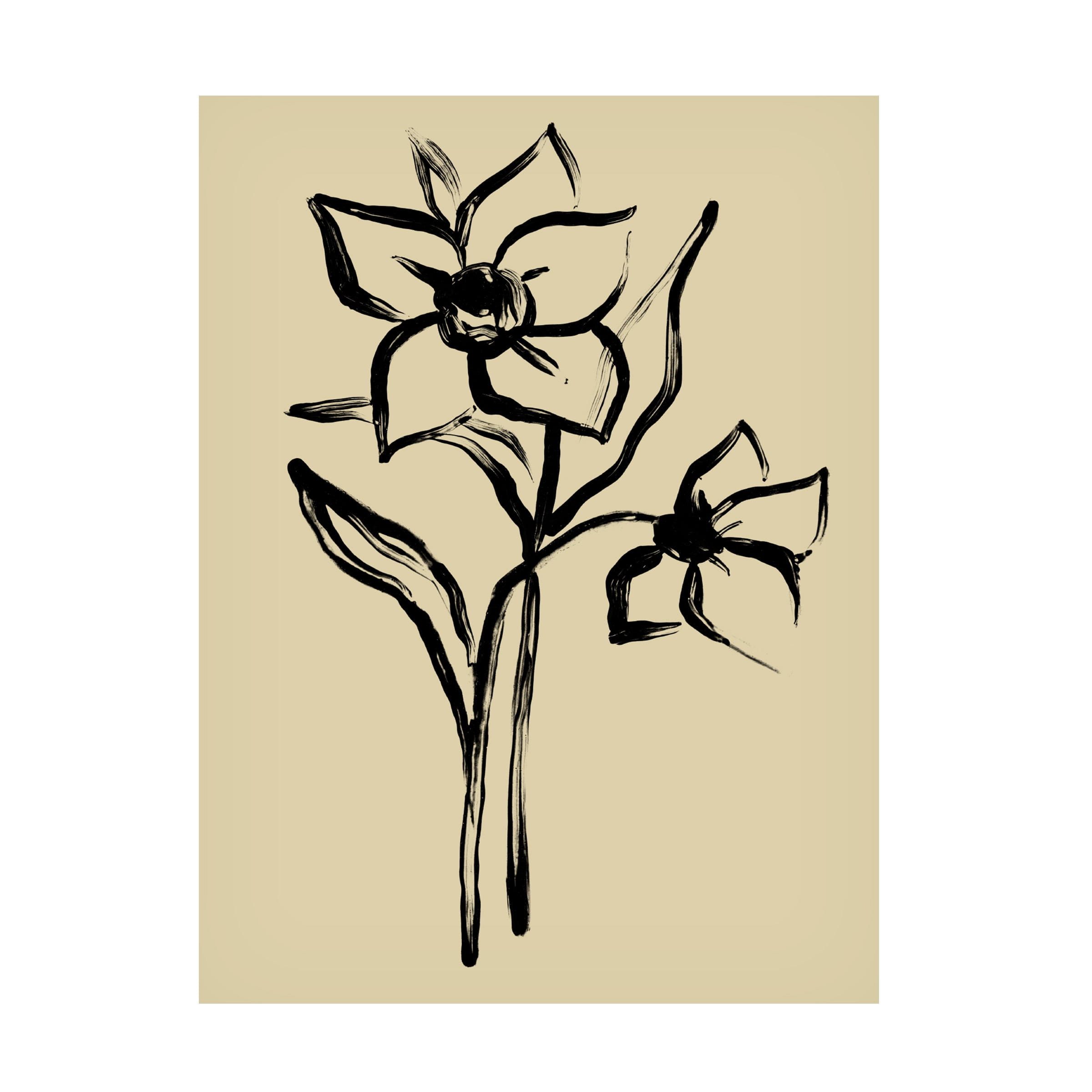 Tan and Black Floral Canvas Art with Wooden Frame, 19" x 14"