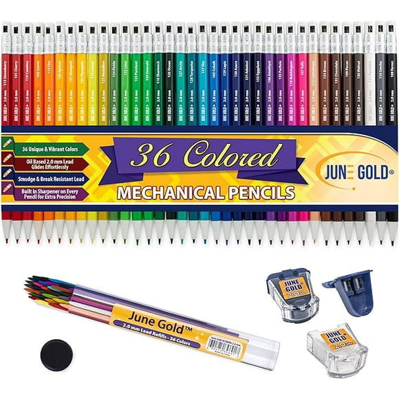 June Gold 36 Assorted Colored 2.0 mm Mechanical Pencils with 36 Unique Color Leads, 36 Extra Refills, 2 Independent Sharpeners, Color Name is Printed on Each Pencil Barrel, Built in Rear Sharpener