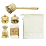 June Lily Zero Waste Organic Cleaning Kitchen Bundle - Sisal & Coconut Short & Long Dish Brush, Dish Brush Heads, Plant-Based Sponge 2 PC, Organic Cotton Mesh Bag Small