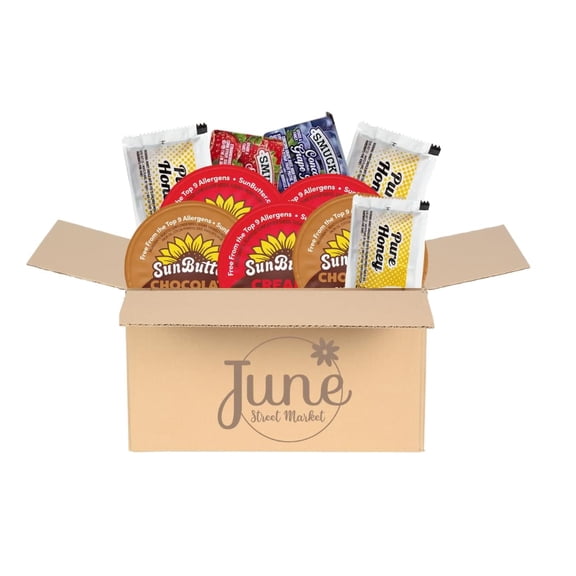 June Street Market Sunflower Butter, Jam, Honey Mini Pantry Gift Set 25 Single-Serve Packets Sunflower Spread Assortment for Lunches, Travel, RVs, Dorms & Small Spaces