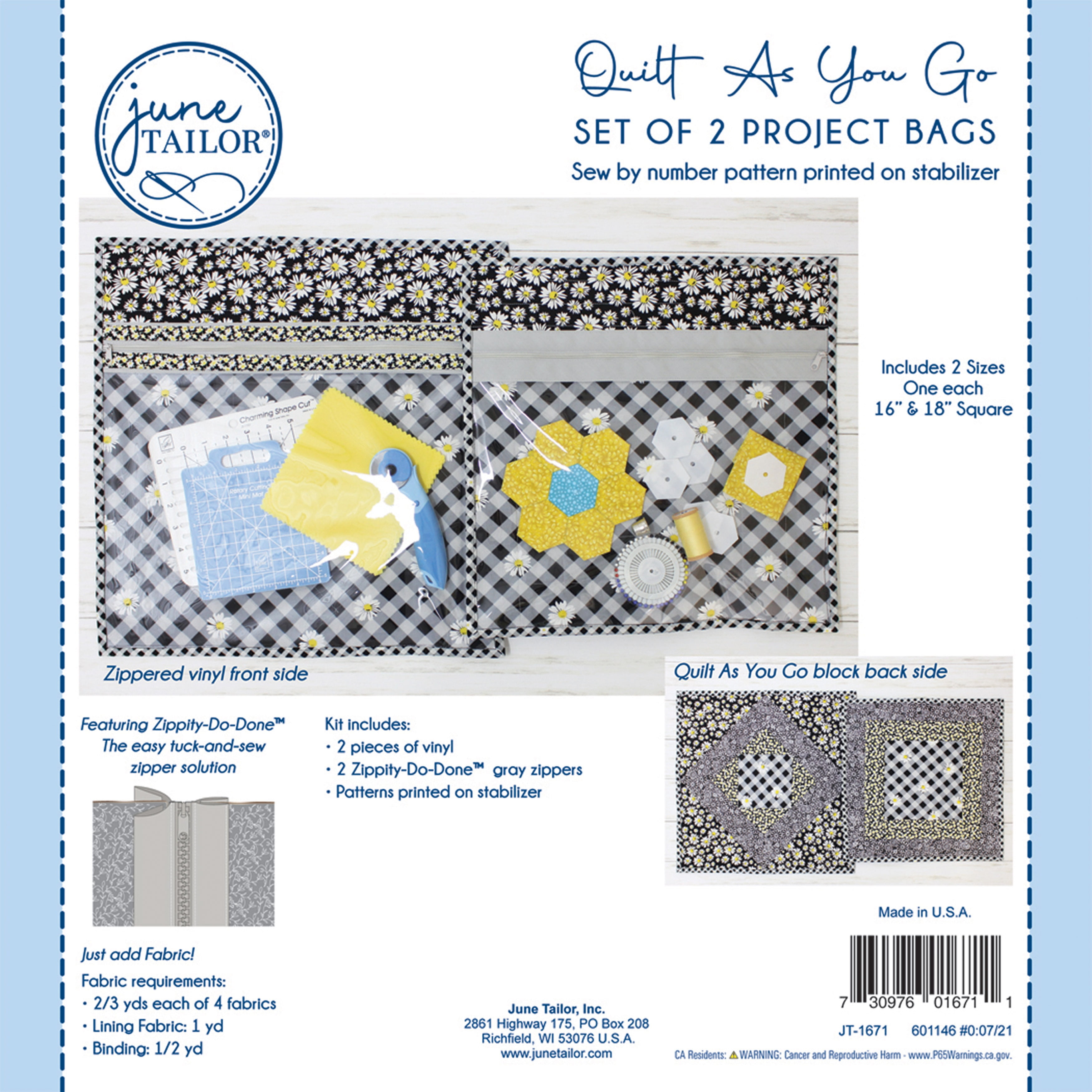 June Tailor Quilt As You Go Project Bag Kit-Gray Zippity-Do-Done