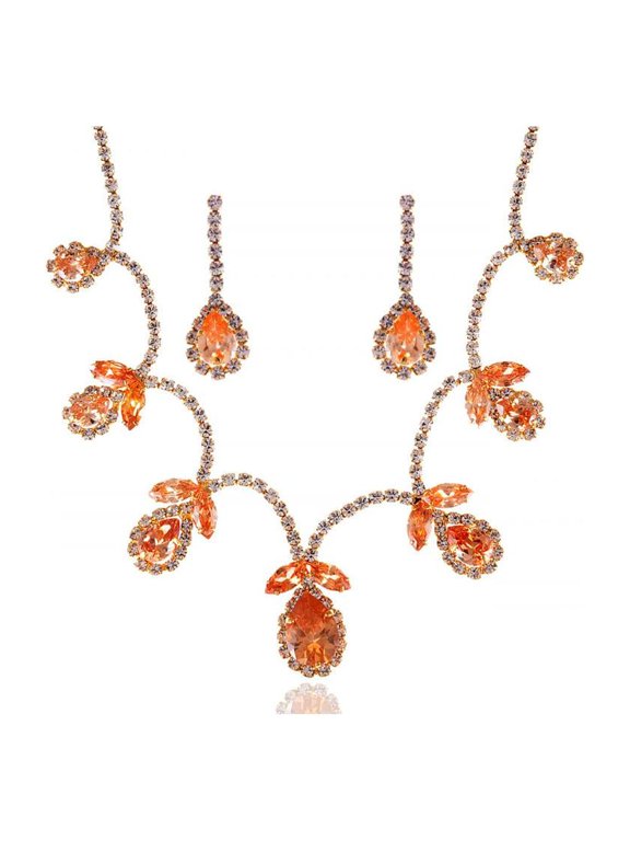 June Topaz Loop Flower Crystal Rhinestone Dangle Earring Necklace Set