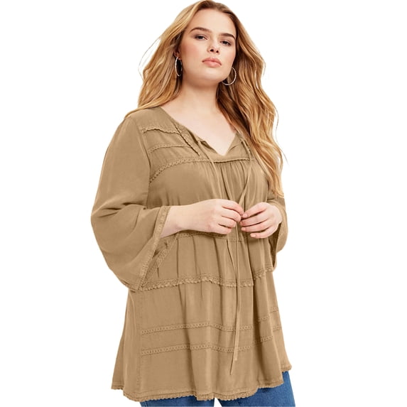 June & Vie Women's Plus Size Acid Wash Peasant Blouse