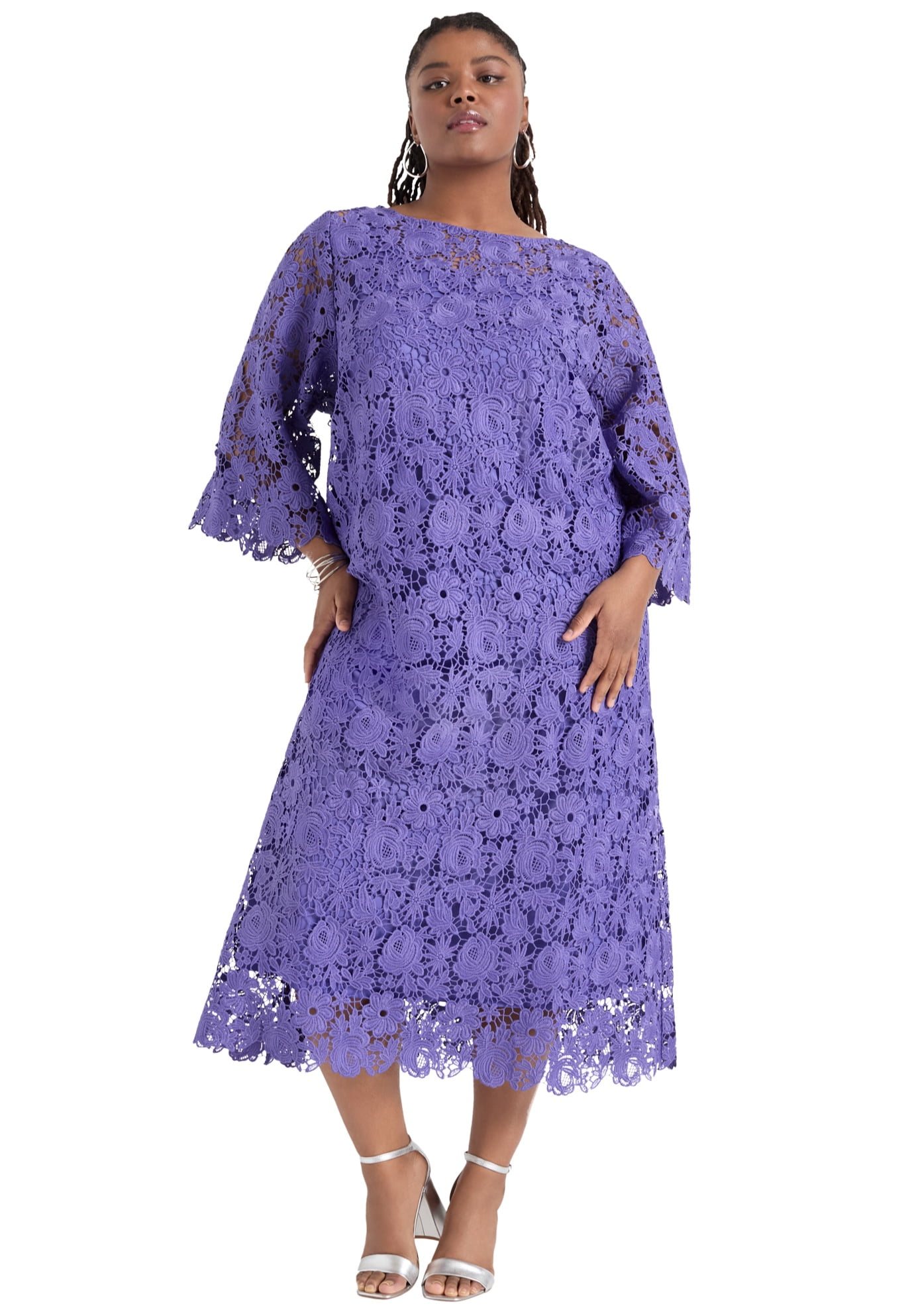 plus size lavender lace dress Plus Size] Lavender 1950s Mesh Flower Embroidered Dress