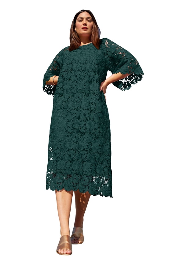 Women's Plus Size Bell-Sleeve Lace Midi Dress