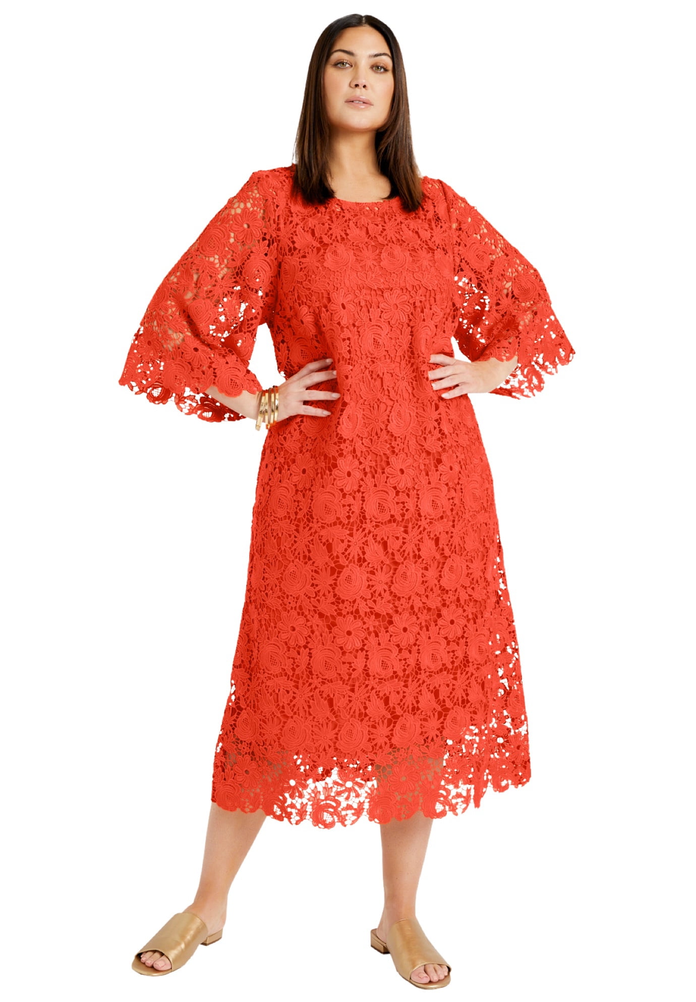 June + Vie Women's Plus Size Bell-Sleeve Lace Midi Dress - Walmart.com