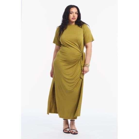 June & Vie Women's Plus Size Boatneck Gathered Maxi Dress