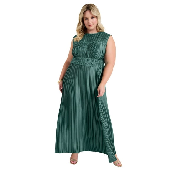 June   Vie Women's Plus Size Boatneck Plisse Cap-Sleeve Maxi Dress