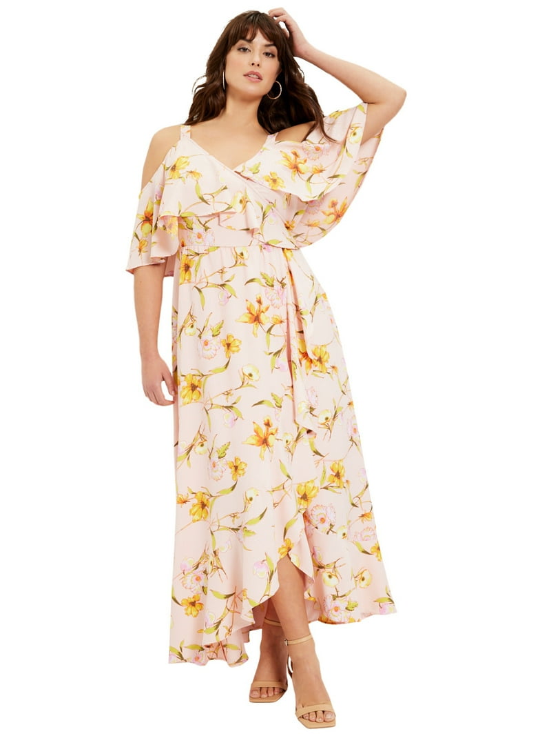 chinese dress ladies Cold Shoulder Ruffle Wrap Maxi Dress