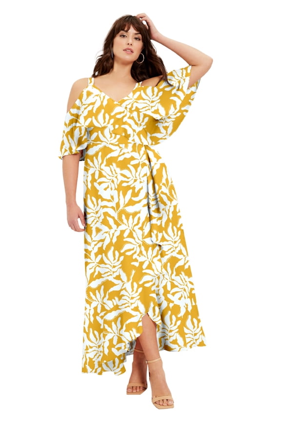Women's Plus Size Cold-Shoulder Faux-Wrap Maxi Dress