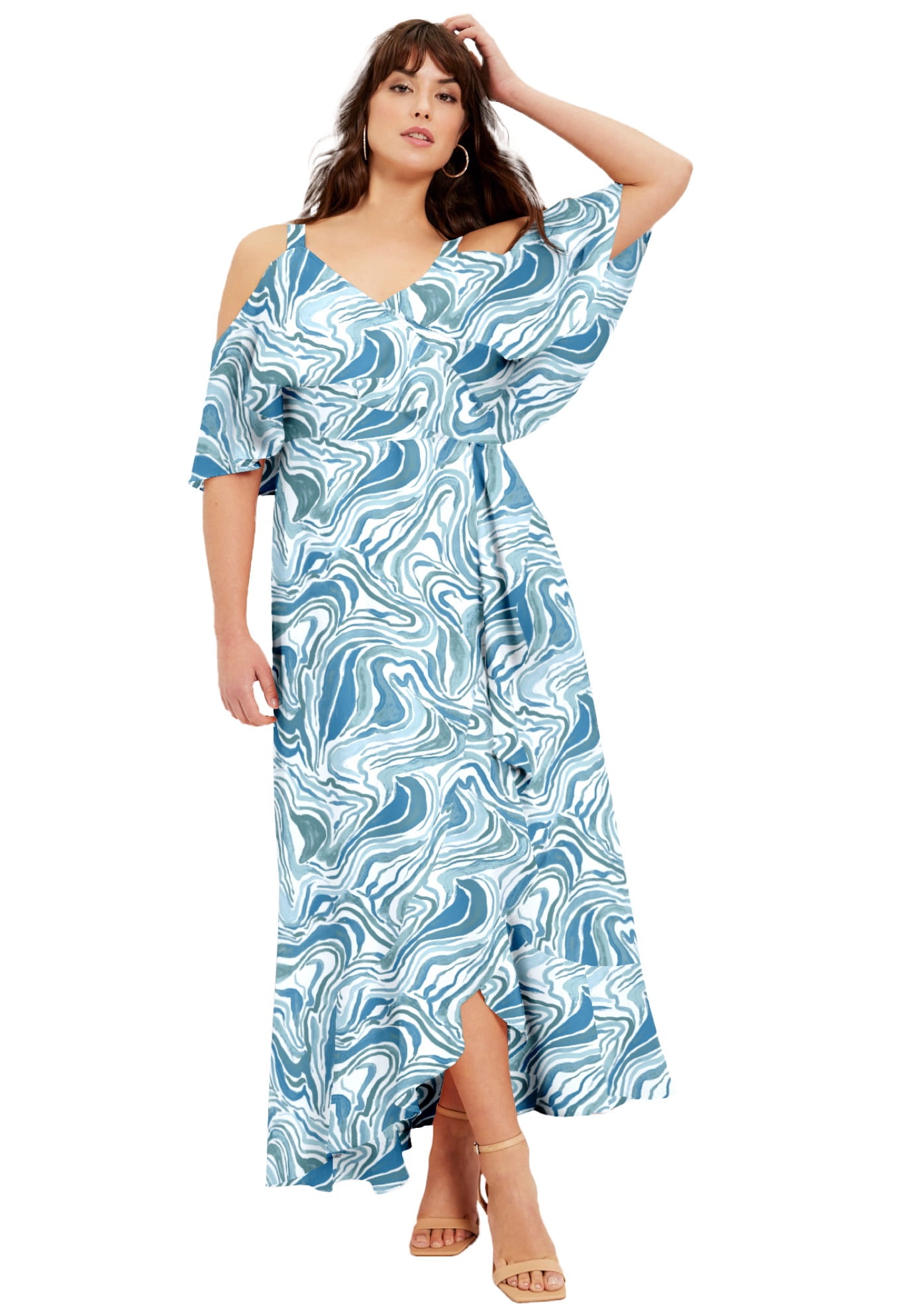 chinese dress ladies Navy Floral Print Ruffle Cold Shoulder Tulip Wrap Maxi Dress Medium / Navy Floral main image 0