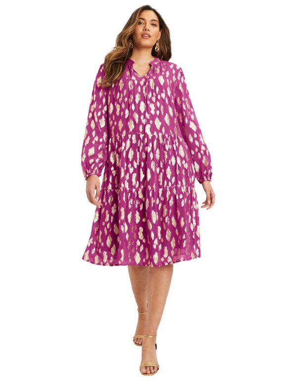 June + Vie Women's Plus Size Coraline Metallic Print Georgette Dress