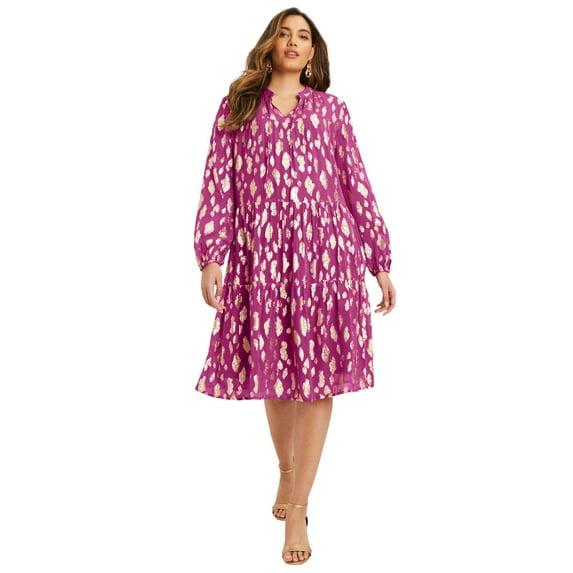 June + Vie Women's Plus Size Coraline Metallic Print Georgette Dress