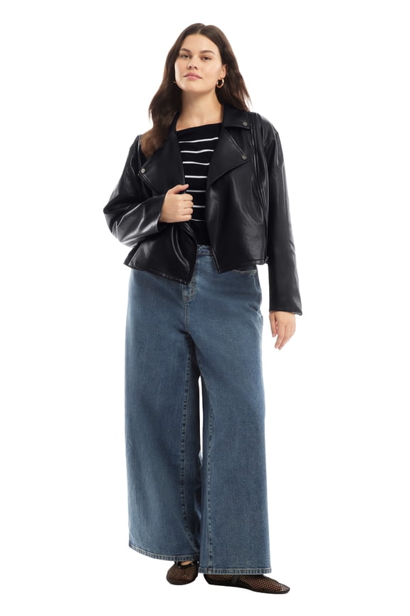 Women's Plus Size Cropped Faux Leather Moto Jacket