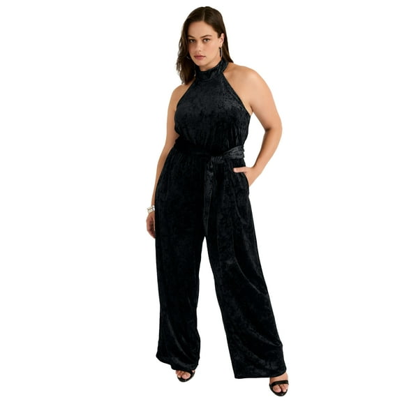 June   Vie Women's Plus Size Crushed Velvet Halterneck Jumpsuit