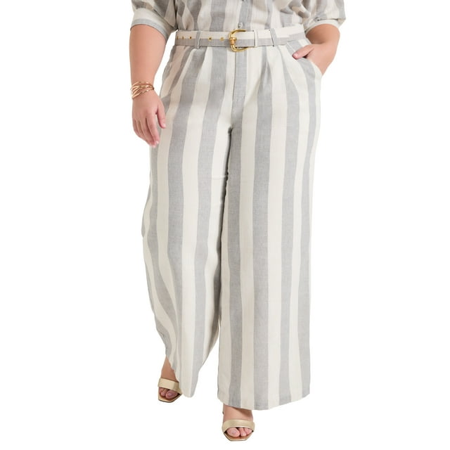 June + Vie Women's Plus Size Curvie Fit High-Waisted Wide-Leg Linen Pant