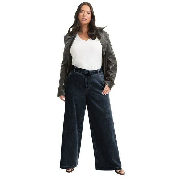 June & Vie Women's Plus Size Curvie Fit High-Waisted Wide-Leg Utility Jean