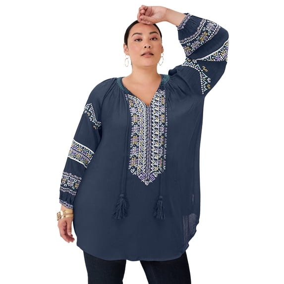 June & Vie Women's Plus Size Embroidered Peasant Blouse