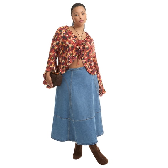 June + Vie Women's Plus Size Fit-And-Flare Denim Midi Skirt