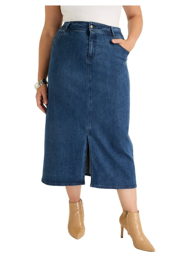 June + Vie Women's Plus Size Front-Slit Denim Midi Skirt