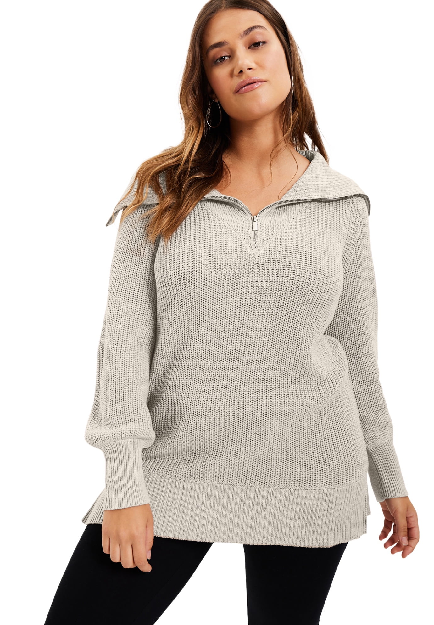 Full Size Half Zip Dropped Shoulder Sweater Plus Size