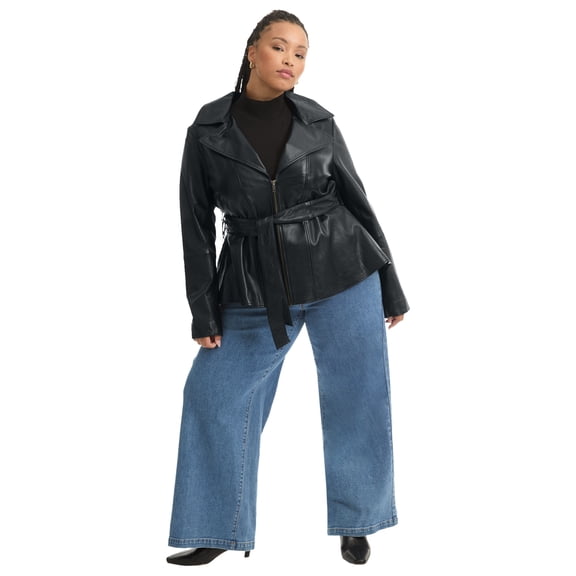 June & Vie Women's Plus Size High-Low Belted Leather Jacket