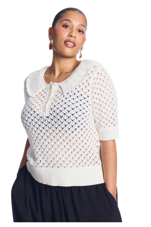 Women's Plus Size Lace-Trim Pointelle Sweater Top