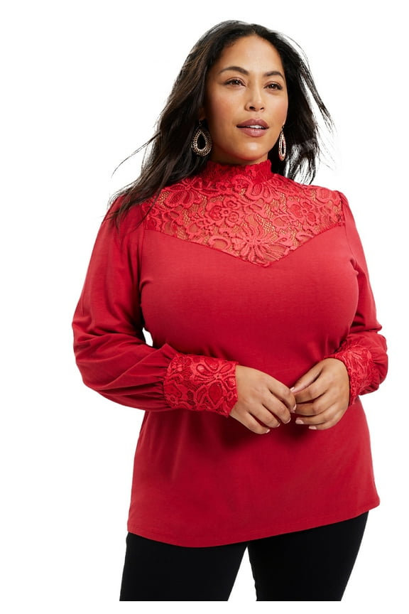 June + Vie Women's Plus Size Lace Yoke Mockneck Top