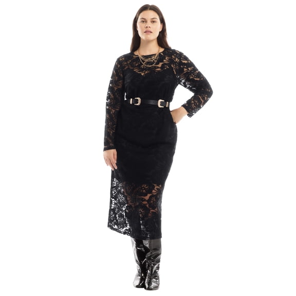 June & Vie Women's Plus Size Lined Lace Column Midi Dress