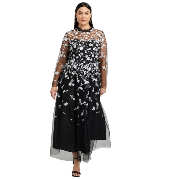 June & Vie Women's Plus Size Mesh-Overlay Maxi Dress