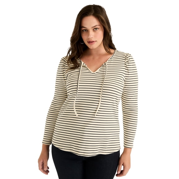 June   Vie Women's Plus Size Mutton Sleeve Striped Top