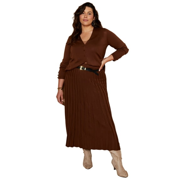 June + Vie Women's Plus Size Pleated Midi Skirt