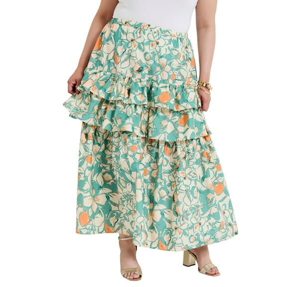 June + Vie Women's Plus Size Poplin Tiered Midi Skirt