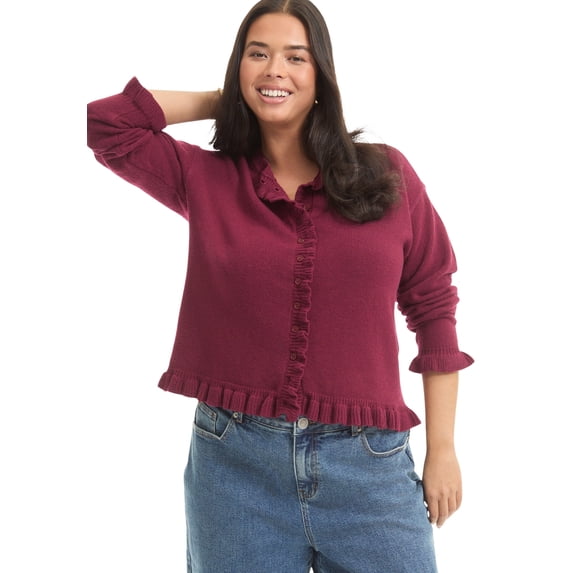 June & Vie Women's Plus Size Ruffle Hem Buttoned Sweater
