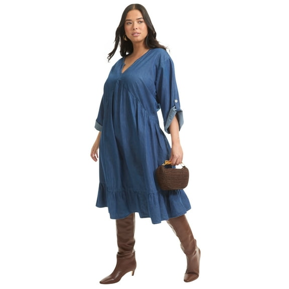 June + Vie Women's Plus Size Ruffled Denim Dress