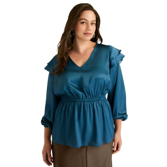 June   Vie Women's Plus Size Satin Peplum Top