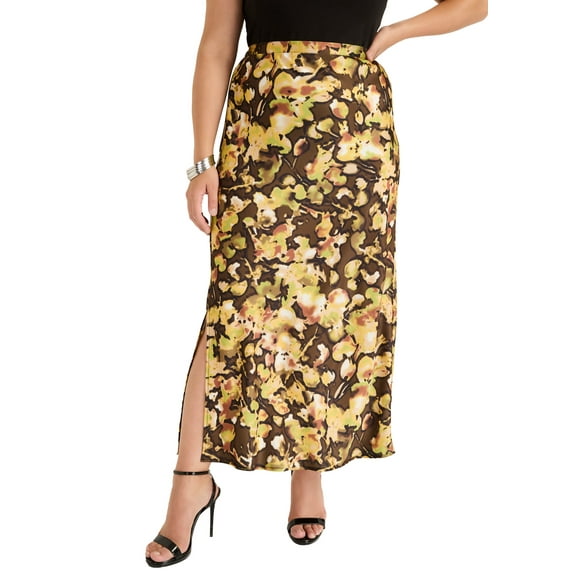 June + Vie Women's Plus Size Satin Side-Slit Midi Skirt