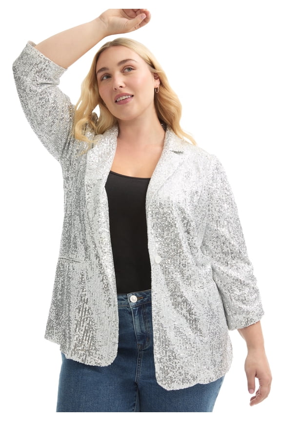 June + Vie Women's Plus Size Sequin Blazer