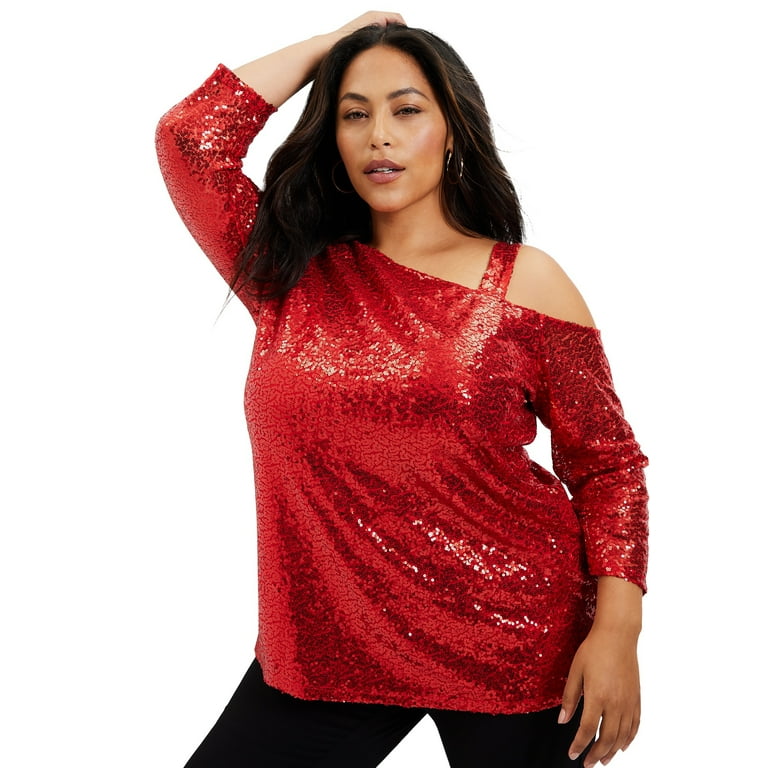 June Vie Women s Plus Size Sequin One Shoulder Top Walmart