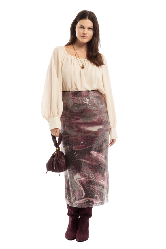 June + Vie Women's Plus Size Sequined Mesh Column Midi Skirt