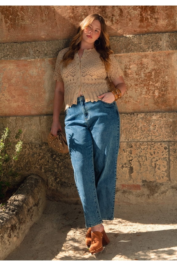 Women's Plus Size Short-Sleeve Pointelle Cardigan